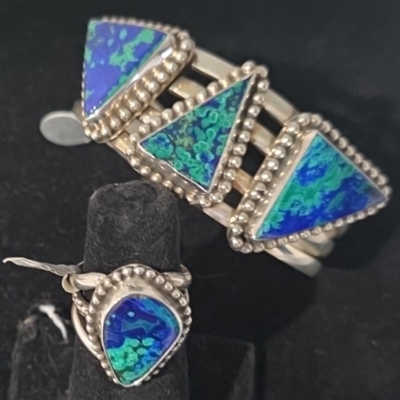 Sterling Silver Navajo Cuff Bracelet & Ring Set Signed Azurite Stones - Picture 3 of 16